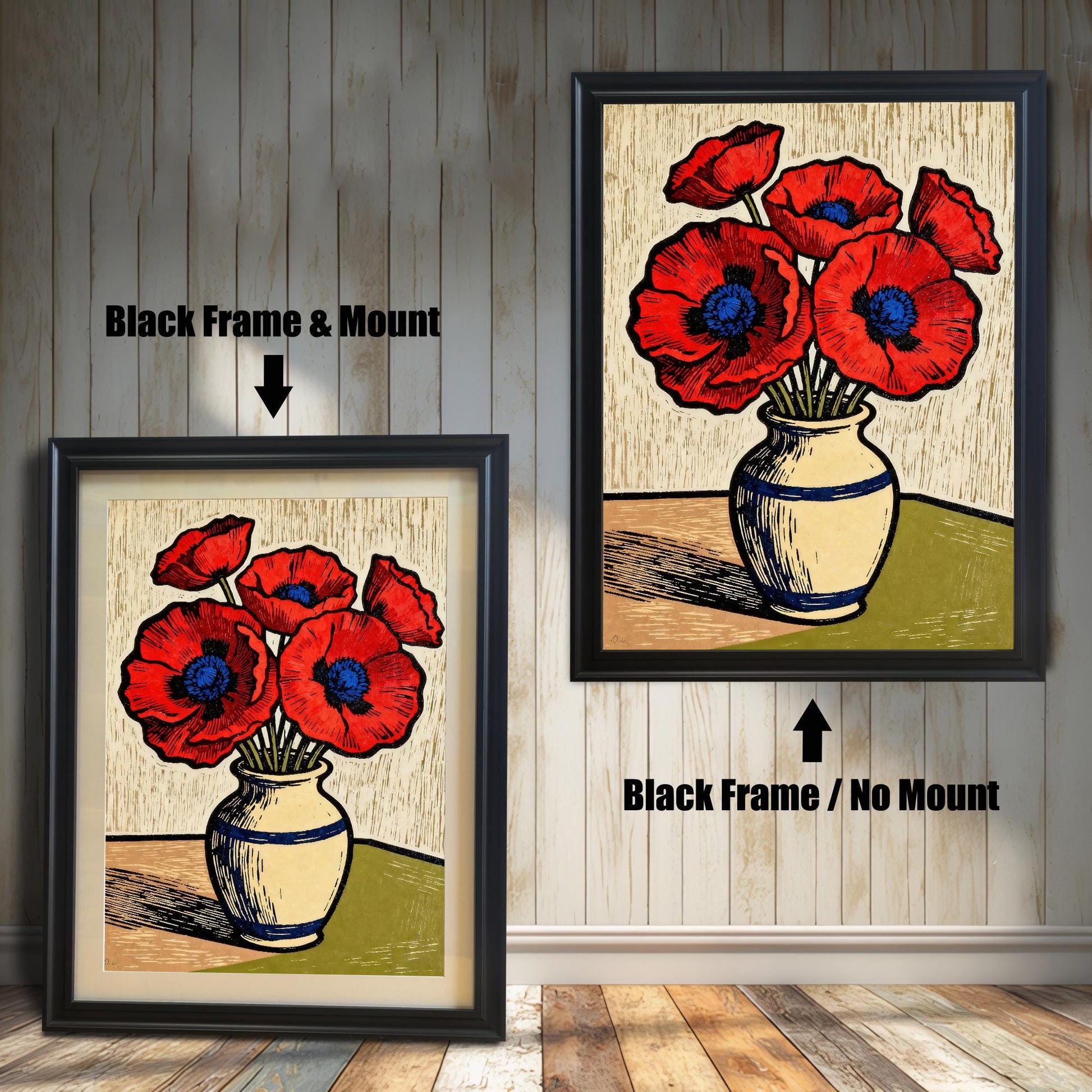 A framed art print of a vase of red poppies is shown in two styles against a wooden wall. One has a black frame with a white mount, the other is a larger size with the same frame, but no mount.