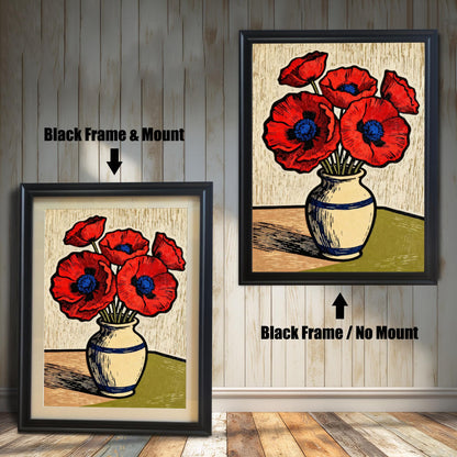 A framed art print of a vase of red poppies is shown in two styles against a wooden wall. One has a black frame with a white mount, the other is a larger size with the same frame, but no mount.