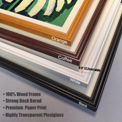 A corner view of four different frame color options stacked on top of each other: orange, coffee, white, and black. A ruler indicates the frame width is 0.9 inches.