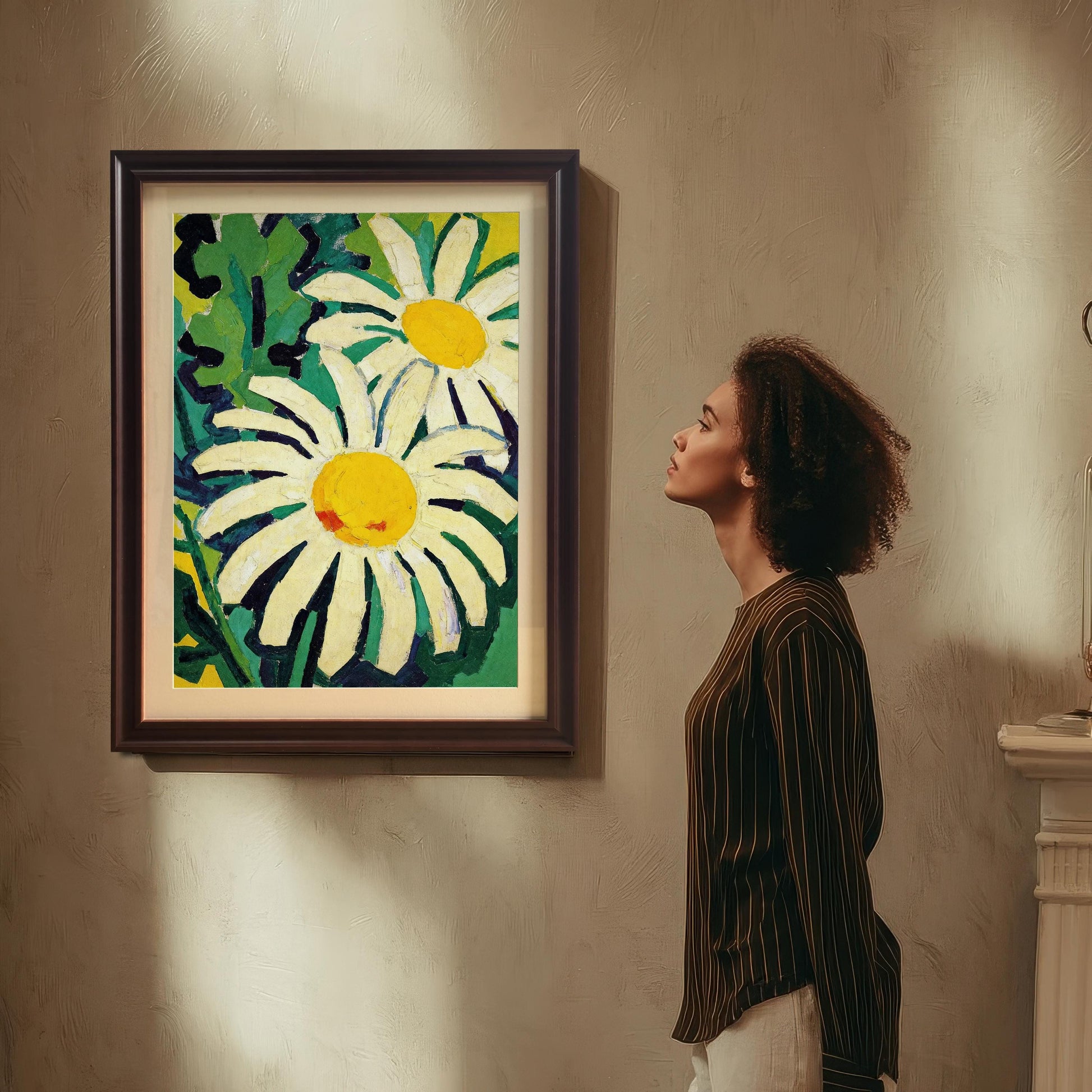 A woman with curly hair looks at a large framed painting of two daisies on a wall, suggesting appreciation and contemplation of the artwork.