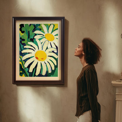 A woman with curly hair looks at a large framed painting of two daisies on a wall, suggesting appreciation and contemplation of the artwork.