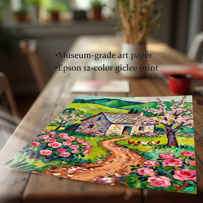 A close-up, angled view of an unframed art print of a cottage and rose garden lying on a wooden table. Text overlay highlights "Museum-grade art paper" and "Epson 12-color giclee print."