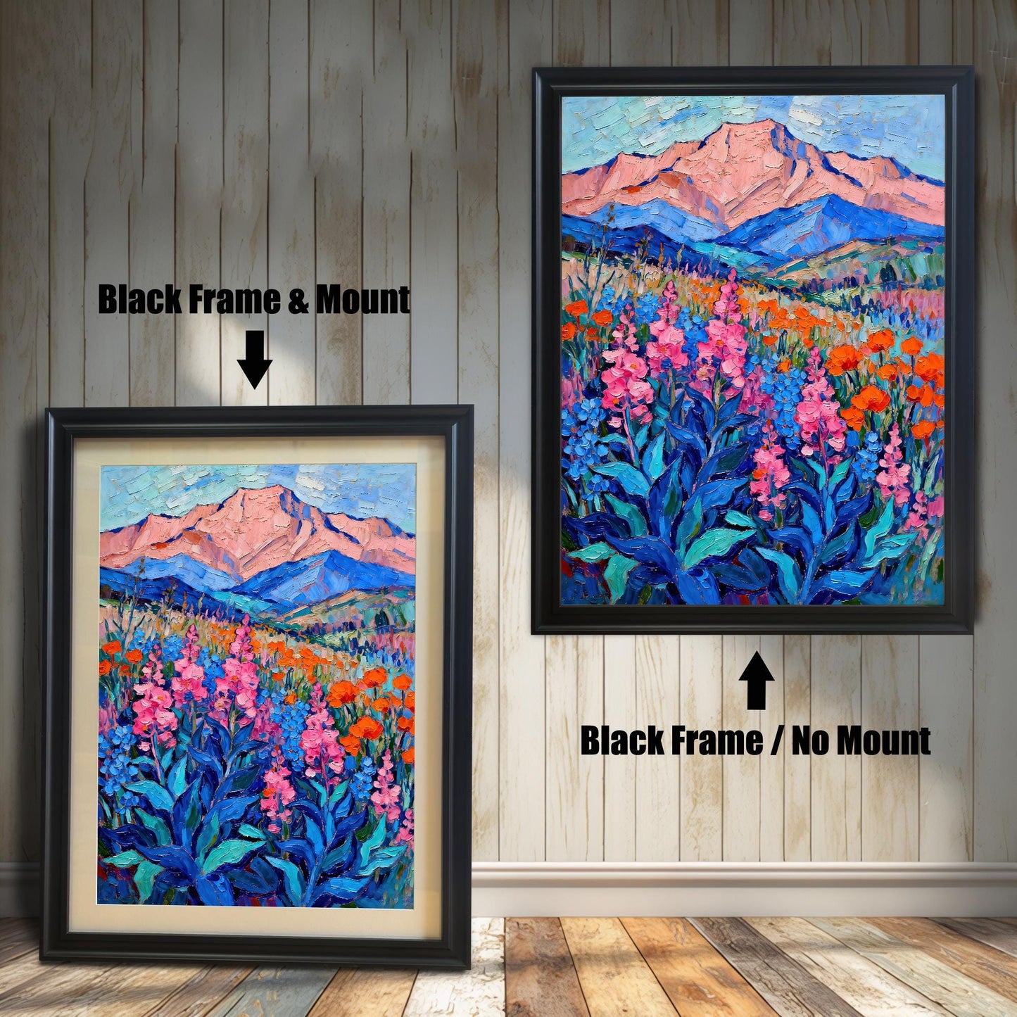 A side-by-side comparison of two black-framed prints of a vibrant oil painting. The print on the left is smaller with a mount (matting), while the larger one on the right has no mount.