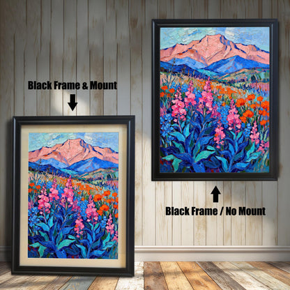 A side-by-side comparison of two black-framed prints of a vibrant oil painting. The print on the left is smaller with a mount (matting), while the larger one on the right has no mount.