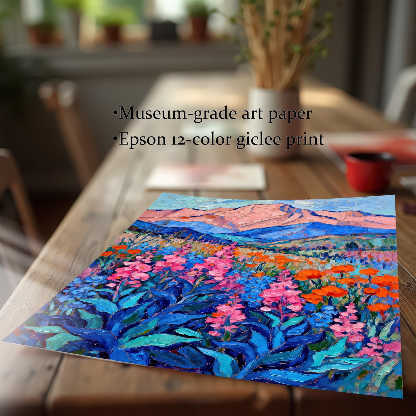A close-up, angled view of an unframed art print of an oil painting lying on a wooden table. Text overlay highlights "Museum-grade art paper" and "Epson 12-color giclee print."