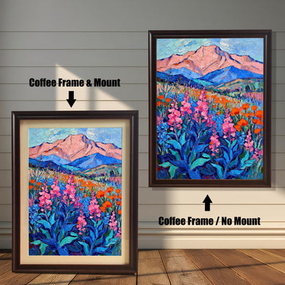 A side-by-side comparison of two coffee-framed prints of a vibrant oil painting. The print on the left is smaller with a mount (matting), while the larger one on the right has no mount.