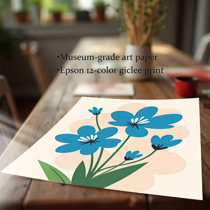 A close-up, angled view of an unframed art print of blue flowers lying on a wooden table. Text overlay highlights "Museum-grade art paper" and "Epson 12-color giclee print."