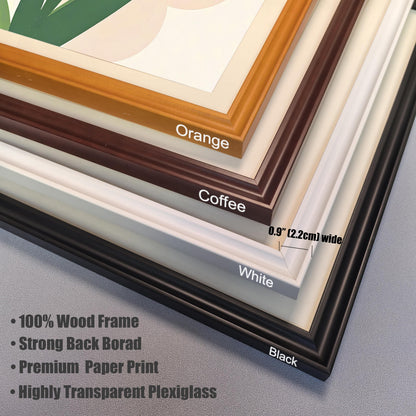 A close-up view showing the corners of four different colored frames: orange, coffee, white, and black. A text overlay describes the frames as "100% Wood" with "Highly Transparent Plexiglass."