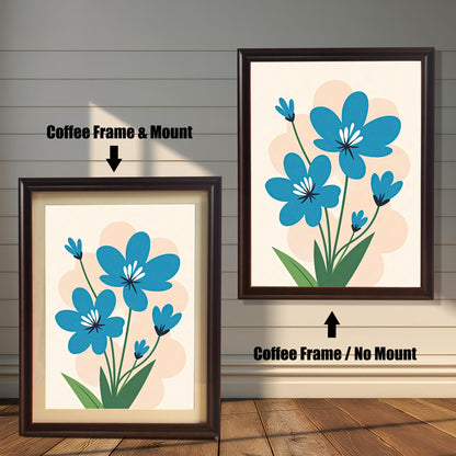 A side-by-side comparison of two coffee-colored framed prints of a blue flower painting. The print on the left is smaller with a mount (matting), while the larger one on the right has no mount.
