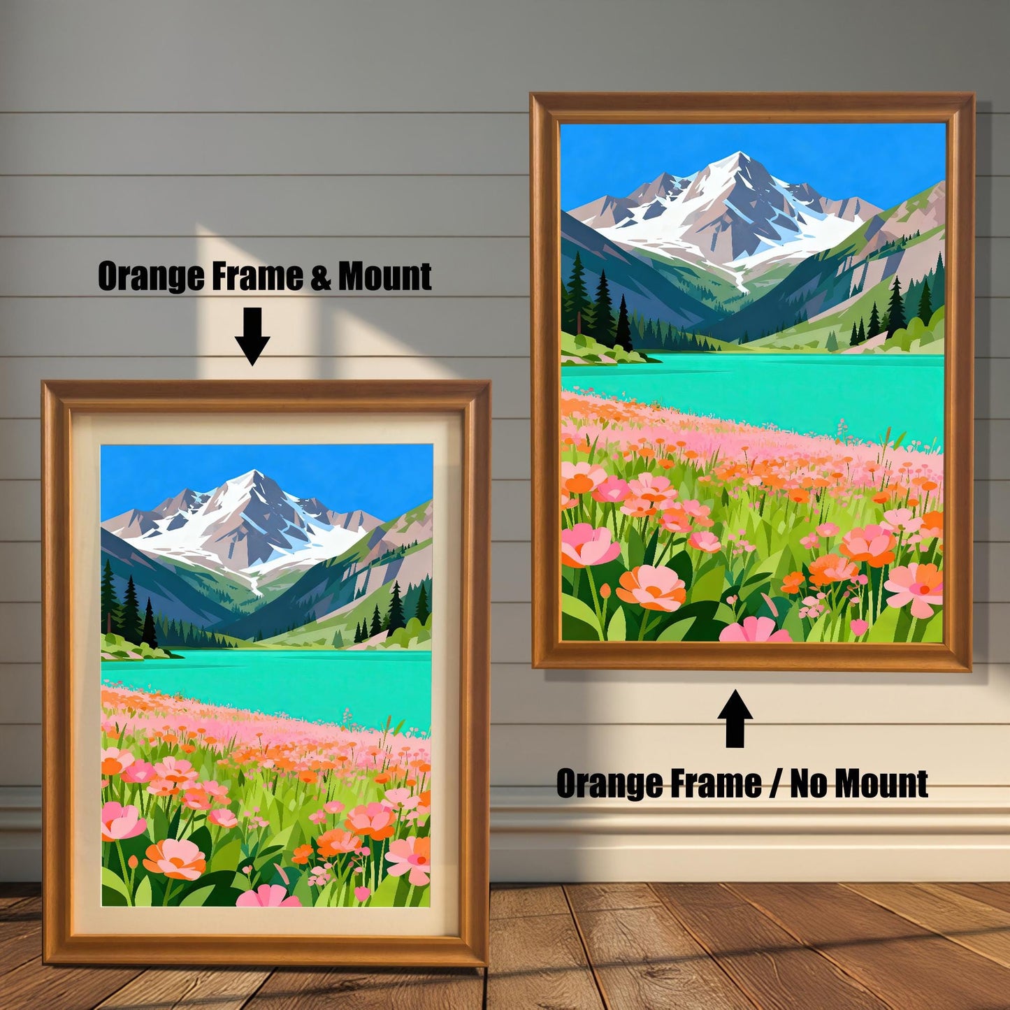 A side-by-side comparison of two orange-framed prints of a mountain and lake painting. The smaller one on the left has a mount, and the larger one on the right has no mount.