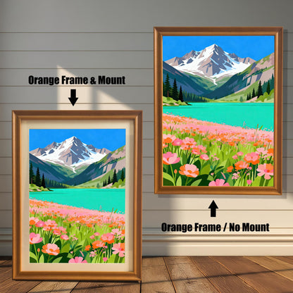 A side-by-side comparison of two orange-framed prints of a mountain and lake painting. The smaller one on the left has a mount, and the larger one on the right has no mount.