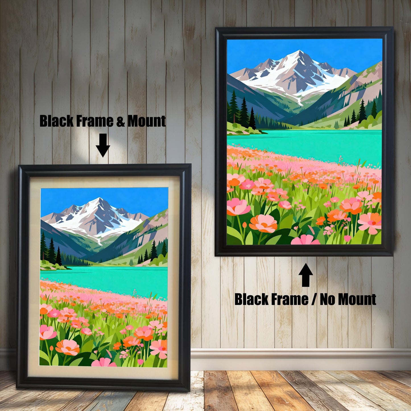 A side-by-side comparison of two black-framed prints of a mountain and lake painting. The smaller one on the left has a mount, and the larger one on the right has no mount.