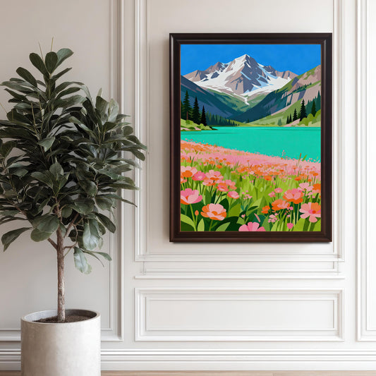 A large framed painting of a mountain and lake scene hanging on a white wall. The dark coffee-colored frame complements the wall and a large potted tree on the floor.