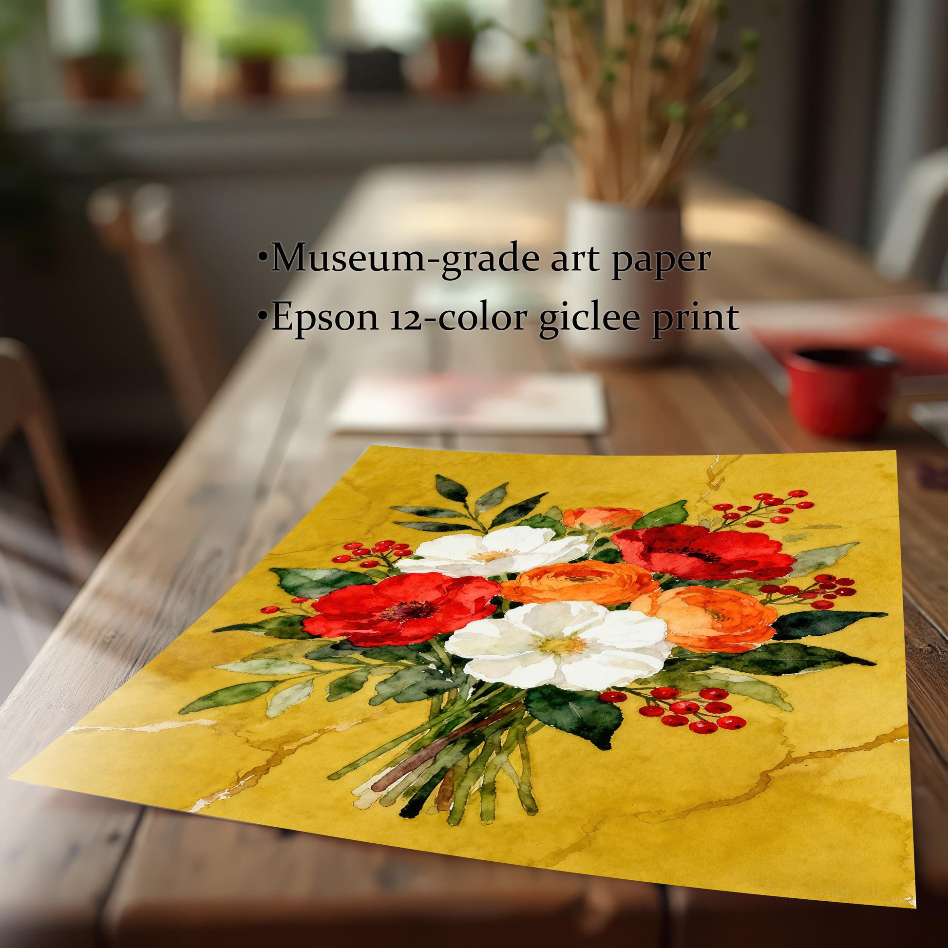 A flat-lay photo of a watercolor print of a red, white, and orange floral bouquet on a wooden table. Text on the image highlights that the print is on museum-grade art paper.