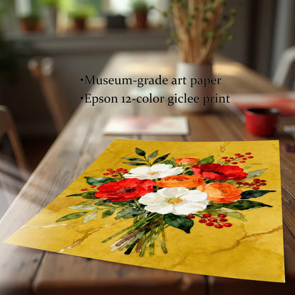 A flat-lay photo of a watercolor print of a red, white, and orange floral bouquet on a wooden table. Text on the image highlights that the print is on museum-grade art paper.