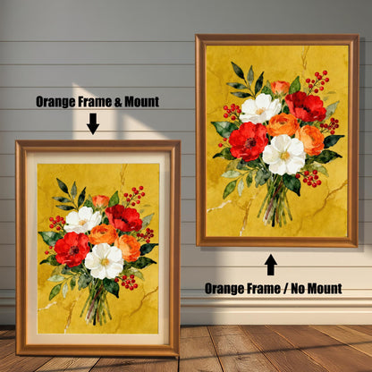 A framed watercolor print of a red, white, and orange floral bouquet in an orange frame, shown with and without a white mat, displayed against a rustic wood-paneled wall.