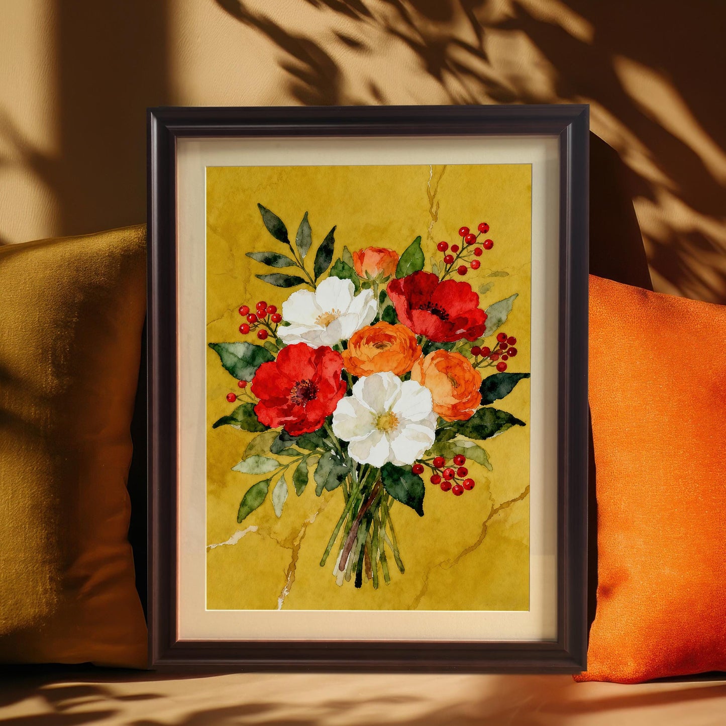A framed watercolor print of a red, white, and orange floral bouquet on a yellow background. It is propped on a surface between two pillows, with shadows of leaves cast over it.