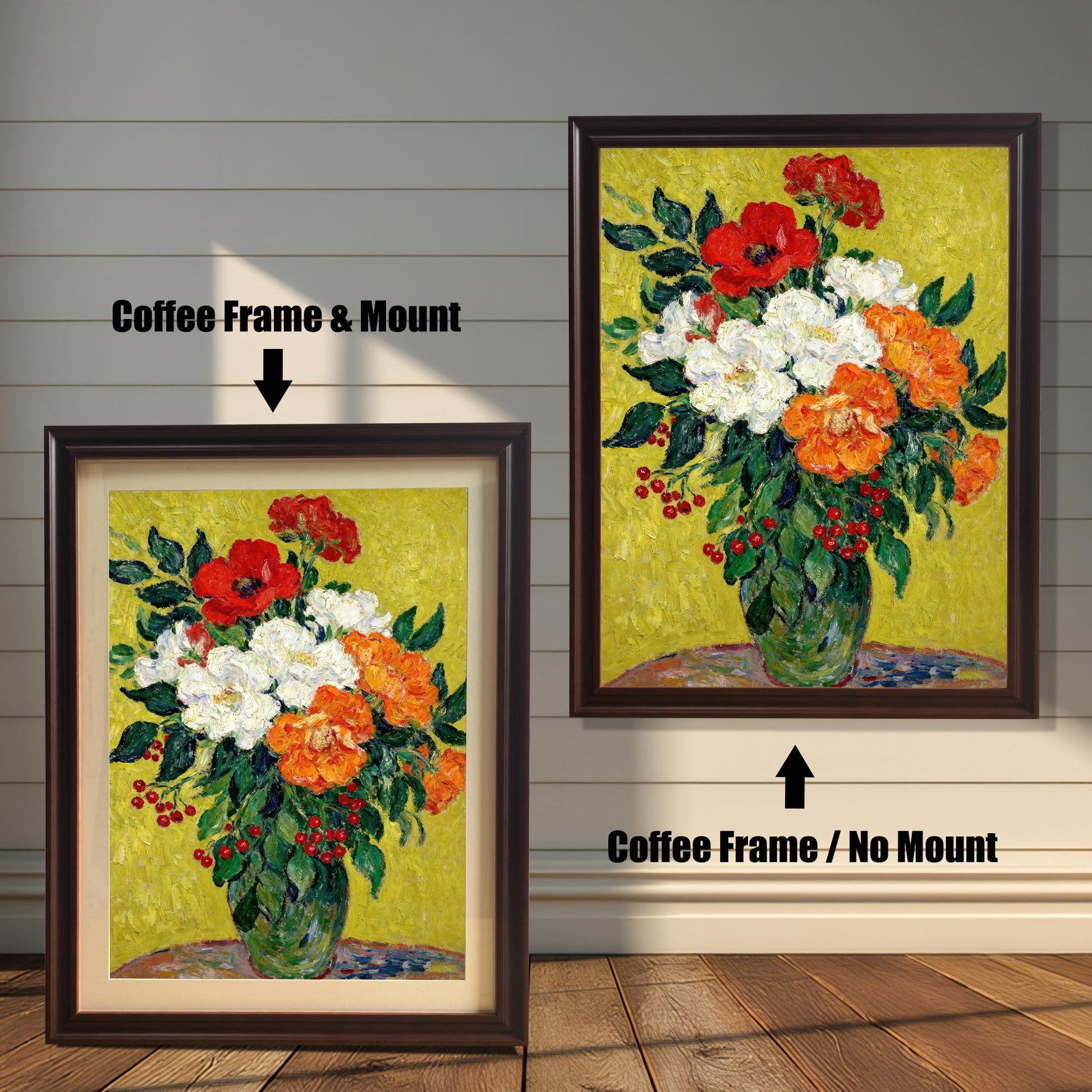 A painting of red, white, and orange flowers in a coffee-colored frame, shown with and without a white mat, displayed against a rustic wood-paneled wall.