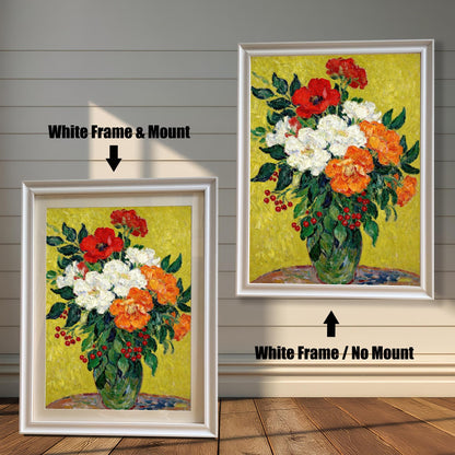 A painting of red, white, and orange flowers in a white frame, shown with and without a white mat, displayed against a rustic wood-paneled wall.