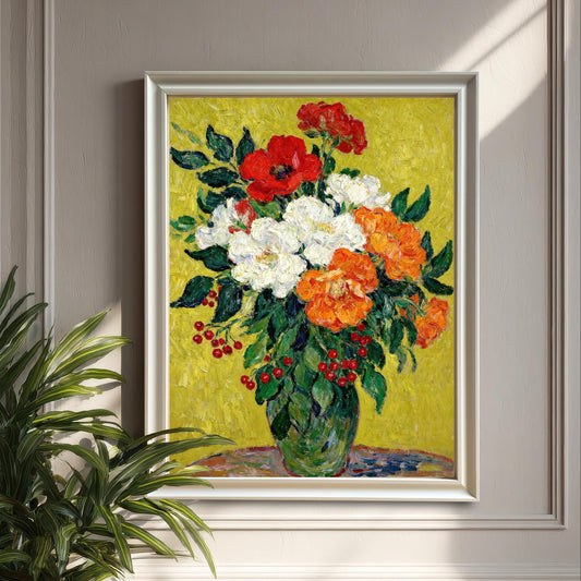 A framed painting of red, white, and orange flowers in a green vase, hanging on a gray paneled wall next to a large houseplant.