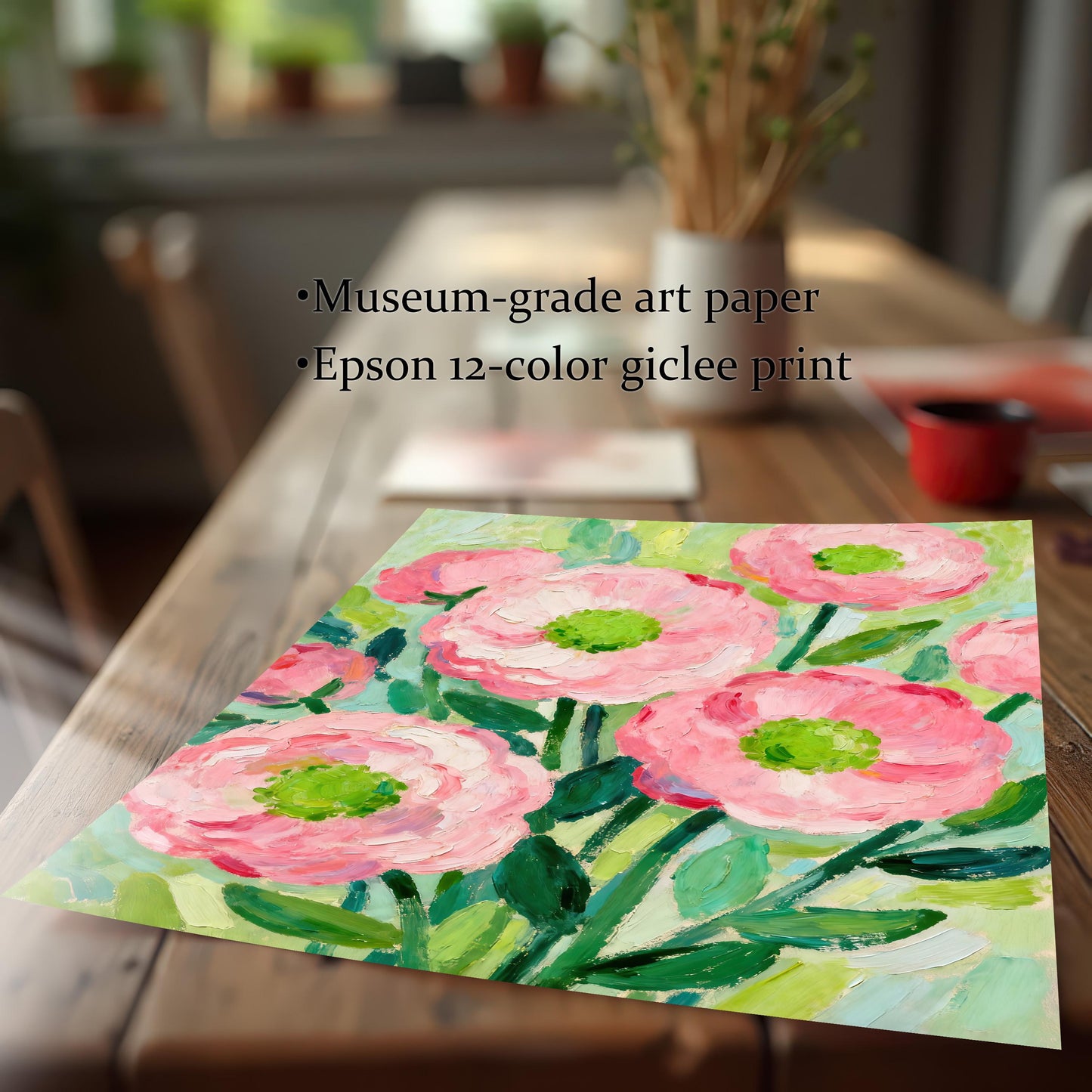 A flat-lay photo of a painting of pink flowers on a wooden table, with text overlay highlighting the "Museum-grade art paper" and "Epson 12-color giclee print."