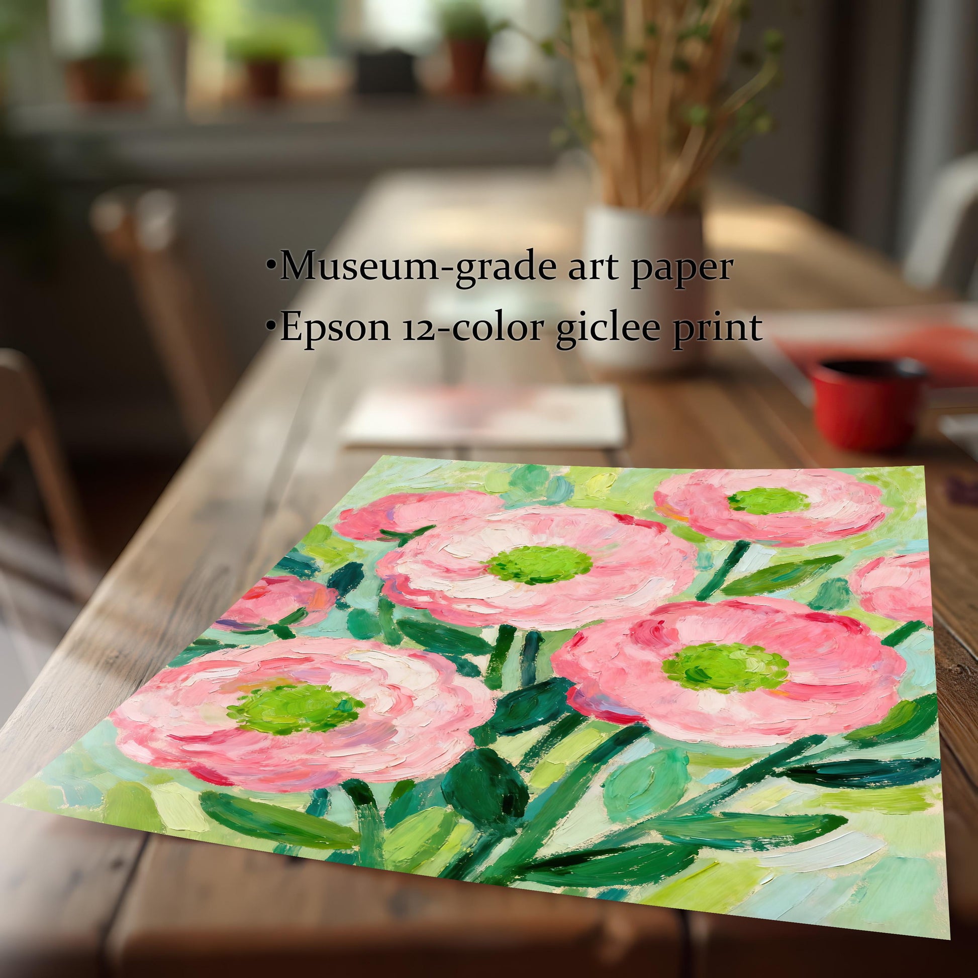 A flat-lay photo of a painting of pink flowers on a wooden table, with text overlay highlighting the "Museum-grade art paper" and "Epson 12-color giclee print."