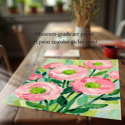 A flat-lay photo of a painting of pink flowers on a wooden table, with text overlay highlighting the "Museum-grade art paper" and "Epson 12-color giclee print."
