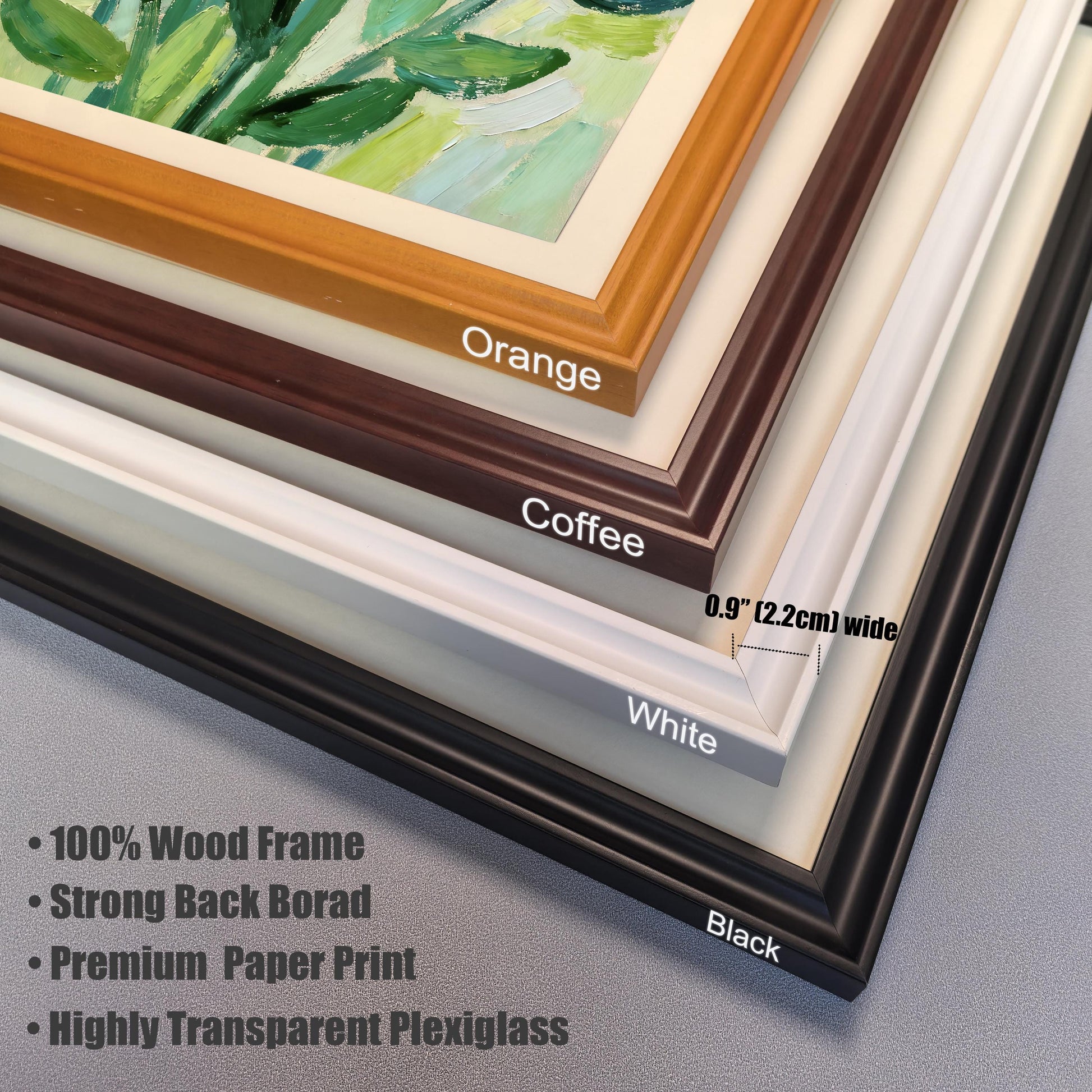 A close-up of four different wood frame corners in orange, coffee, white, and black, with a ruler showing the frame's width is 0.9 inches.