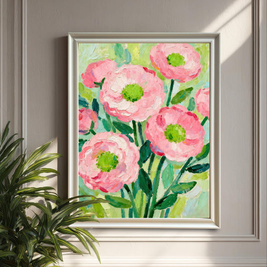 A textured painting of pink flowers with bright green centers in a white frame, hanging on a gray-paneled wall with a houseplant to its left.