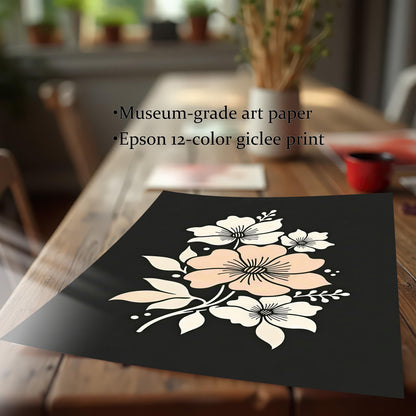 A flat-lay photo of a floral art print with a dark background and a central pink flower on a wooden table. Text highlights that the print is on museum-grade art paper.