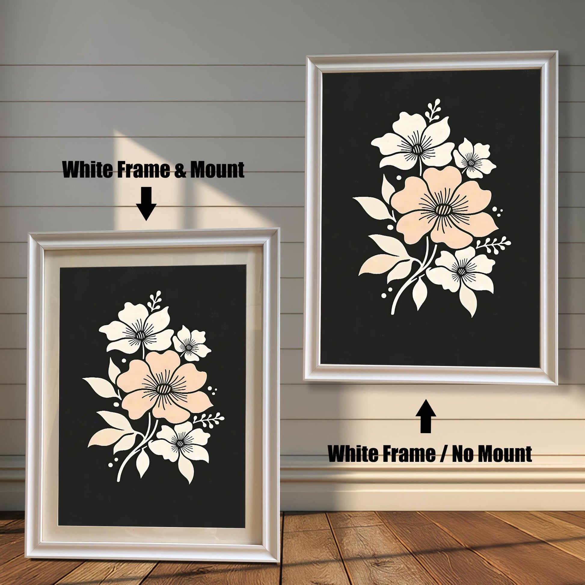 A framed floral art print with a white frame, shown both with and without a mount, displayed against a rustic wood-paneled wall.