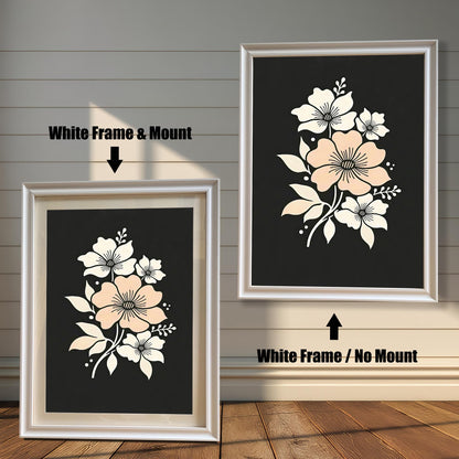 A framed floral art print with a white frame, shown both with and without a mount, displayed against a rustic wood-paneled wall.