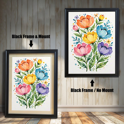 A vibrant floral print in a black frame, shown with and without a white mat, displayed against a rustic wood-paneled wall.