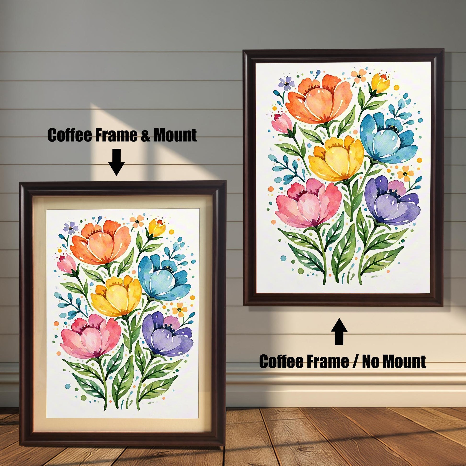 A vibrant floral print in a coffee-colored frame, shown with and without a white mat, displayed against a rustic wood-paneled wall.
