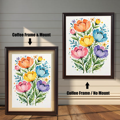 A vibrant floral print in a coffee-colored frame, shown with and without a white mat, displayed against a rustic wood-paneled wall.