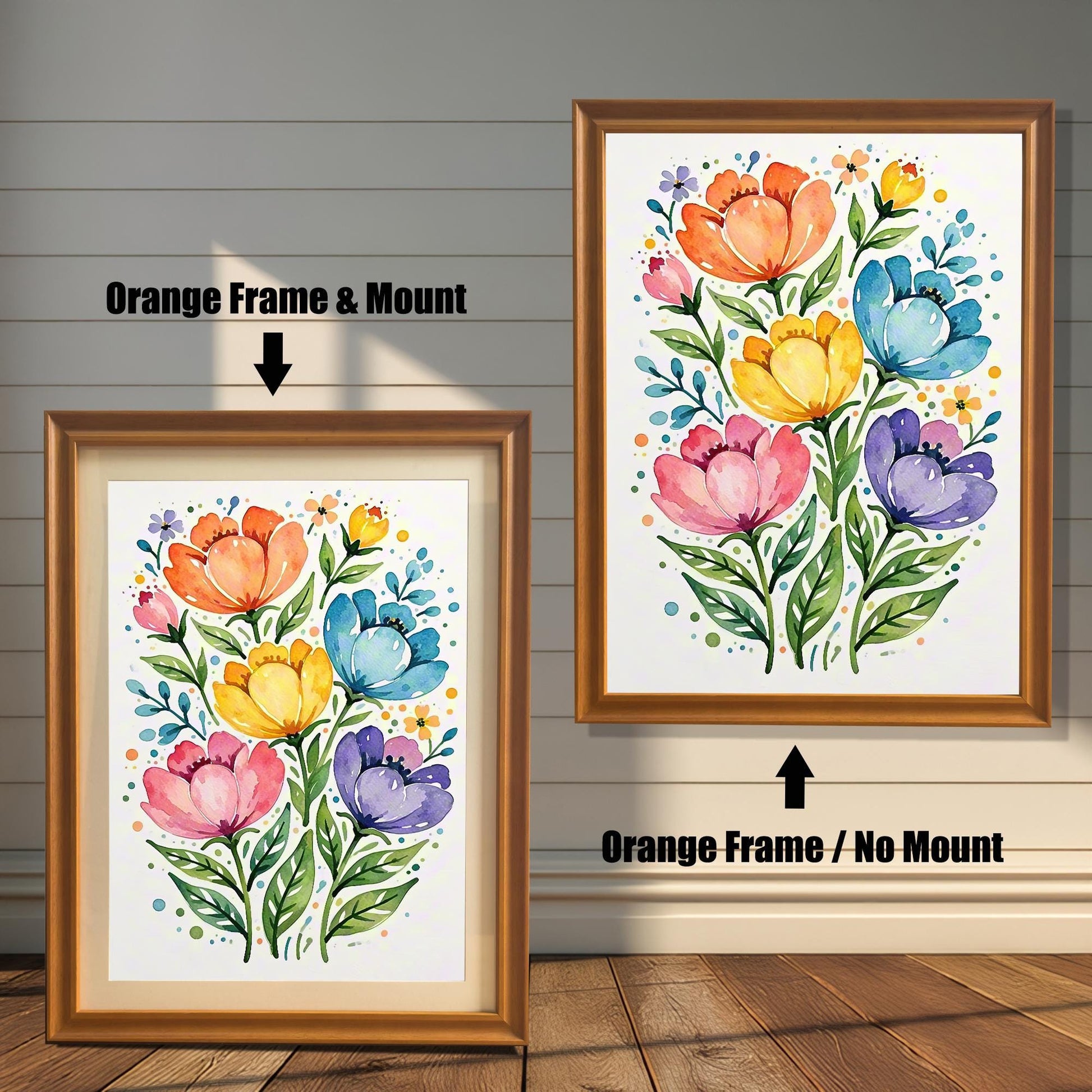 A vibrant floral print in an orange frame, shown with and without a white mat, displayed against a rustic wood-paneled wall.
