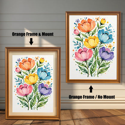 A vibrant floral print in an orange frame, shown with and without a white mat, displayed against a rustic wood-paneled wall.