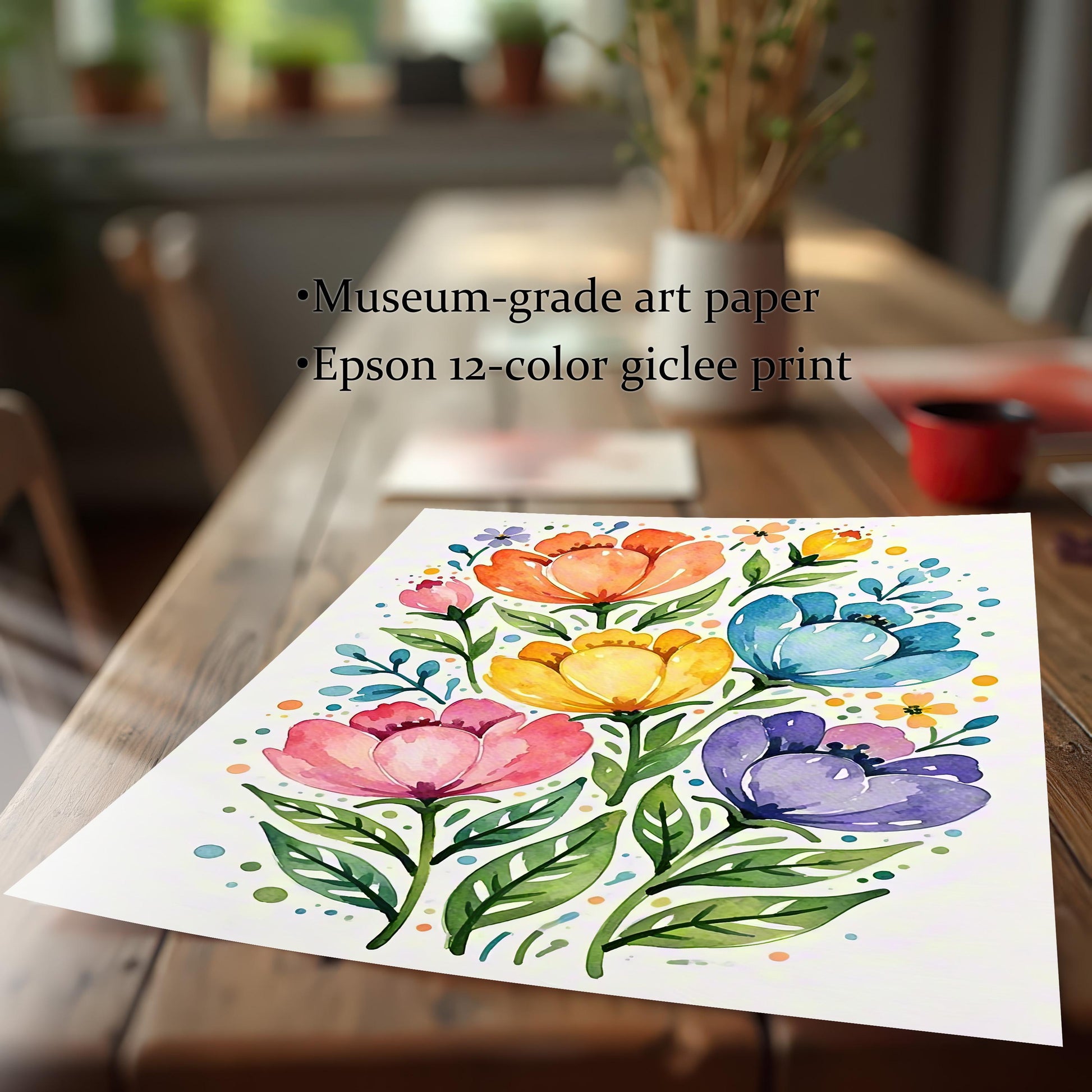 A vibrant, colorful floral print sits on a light wood table, emphasizing its premium museum-grade art paper and Epson 12-color giclee print quality.