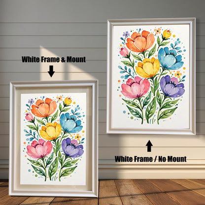 A vibrant floral print in a white frame, shown with and without a white mat, displayed against a rustic wood-paneled wall.