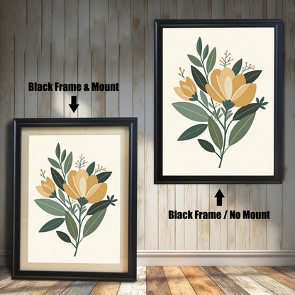 Two framed floral art prints side-by-side. The left print has a black frame and white matboard. The right print has a black frame with no matboard.