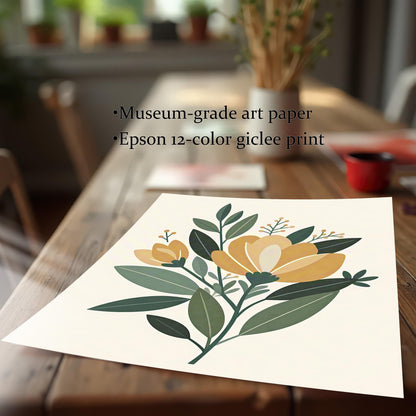 A floral art print sits on a wooden table. The print is on museum-grade art paper with an Epson 12-color giclée print.