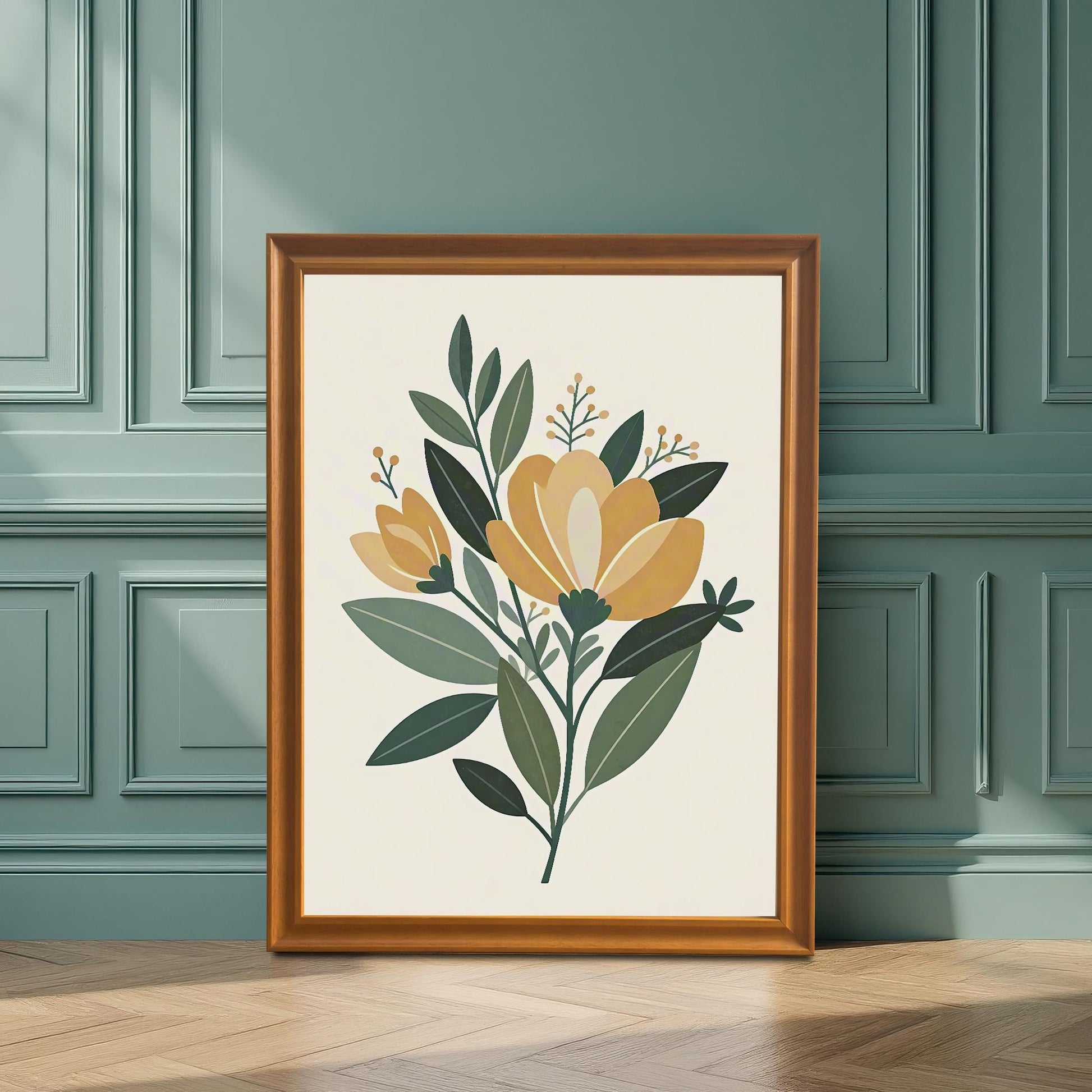 A framed floral art print featuring a yellow and green bouquet, leaning against a dark teal, paneled wall. The frame is a light brown, orange-toned wood.