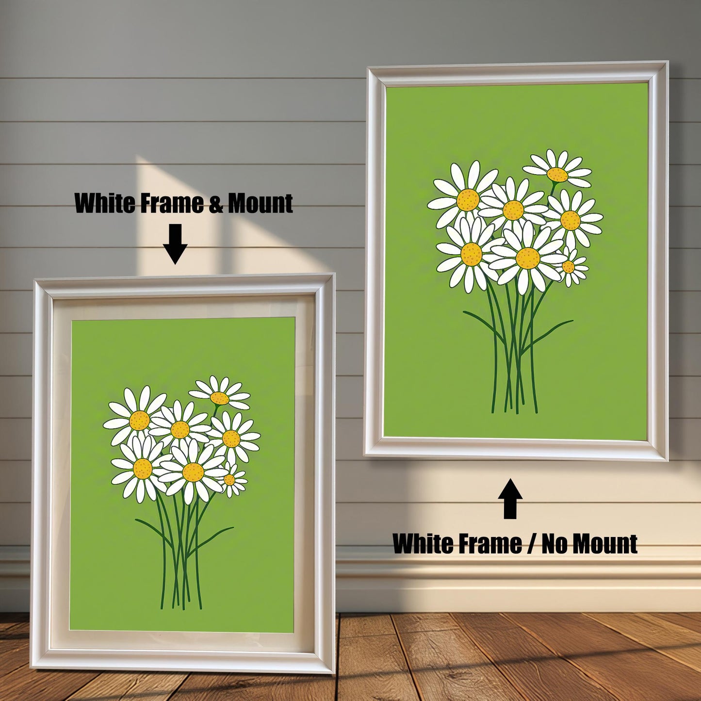 Two framed prints of a bunch of daisies on a green background. The left print has a white frame with a mount, and the right has the same frame without a mount.