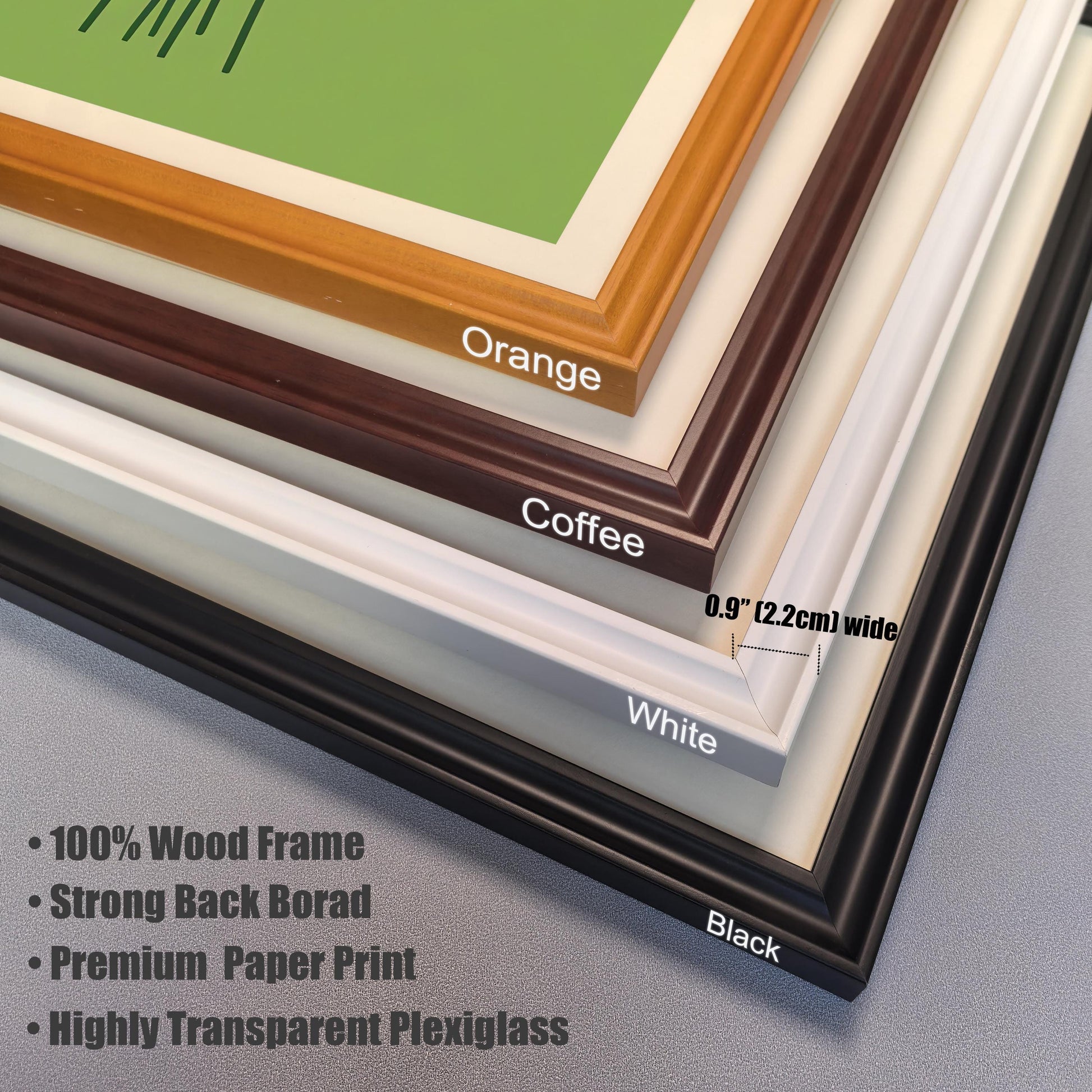 A close-up view of four frame corner samples in orange, coffee, white, and black, with text describing them as "100% Wood Frame" and having "Highly Transparent Plexiglass."