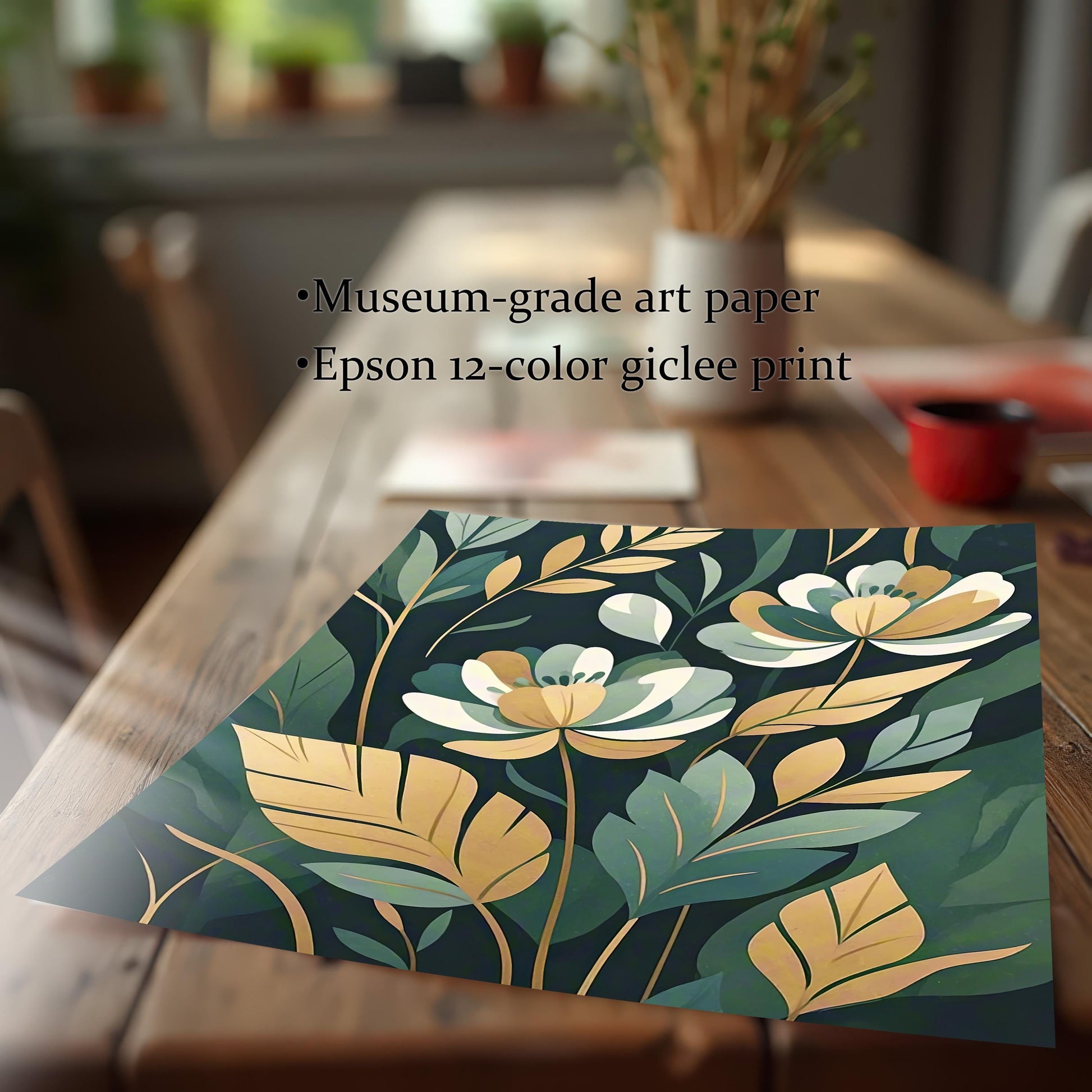 A loose print of white and gold flowers with green leaves on a dark background, lying on a wooden table, with text describing it as "Museum-grade art paper" and an "Epson 12-color giclee print."
