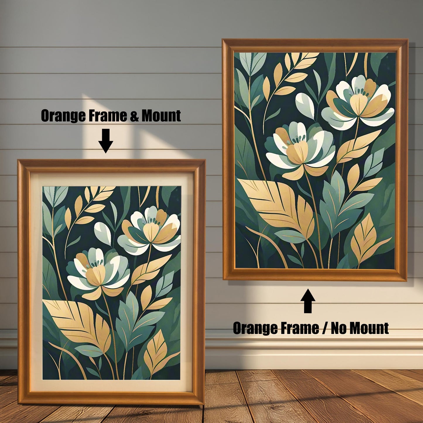 Two framed prints of white and gold flowers. The print on the left has an orange frame with a mount, and the one on the right has an orange frame with no mount.