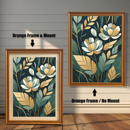 Two framed prints of white and gold flowers. The print on the left has an orange frame with a mount, and the one on the right has an orange frame with no mount.