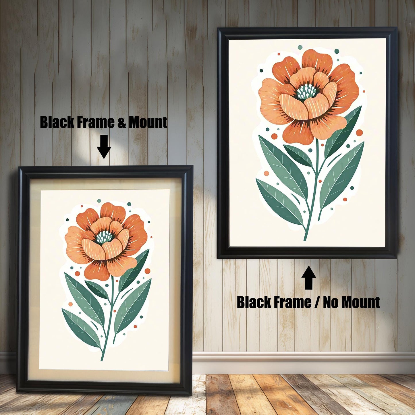 Two framed prints of an orange flower. The print on the left has a black frame with a mount, while the one on the right has a black frame with no mount.