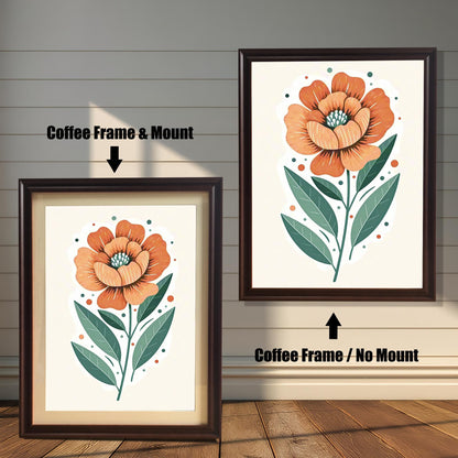 Two framed prints of an orange flower. The print on the left has a coffee-colored frame with a mount, and the one on the right has a coffee-colored frame with no mount.