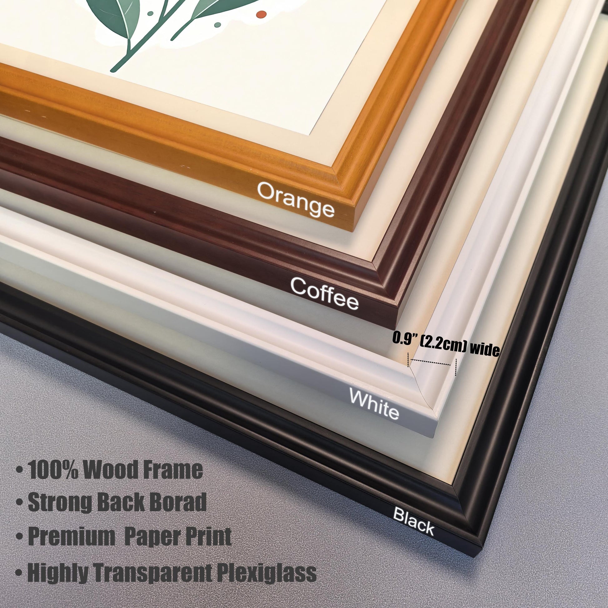 A close-up view of four frame corners in orange, coffee, white, and black, with text describing the frames as "100% Wood Frame" and having "Highly Transparent Plexiglass."